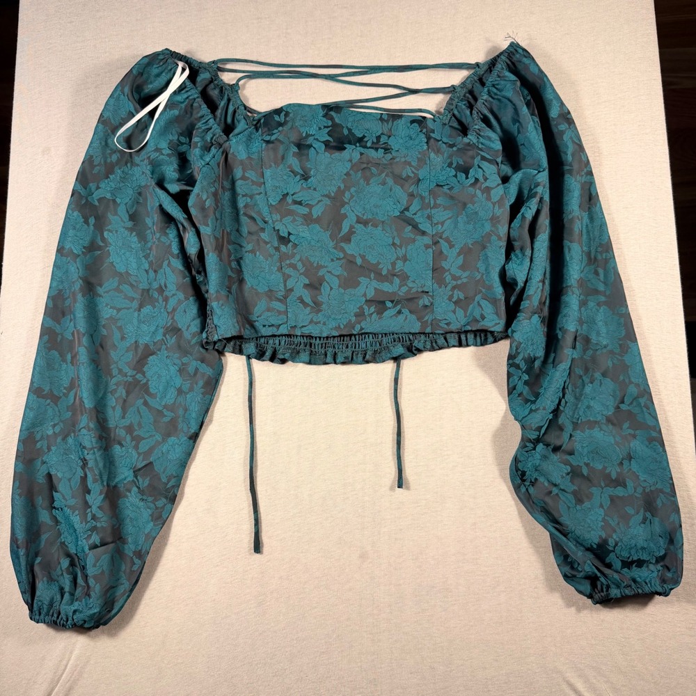 Lulus Teal Green Floral Boho Smocked Lace Up Puff Sleeve Crop Top Blouse M